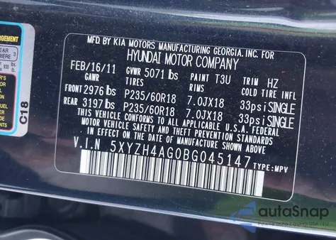 2011 Hyundai Santa Fe Se from USA, damaged, VIN 5XYZH4AG0BG045147